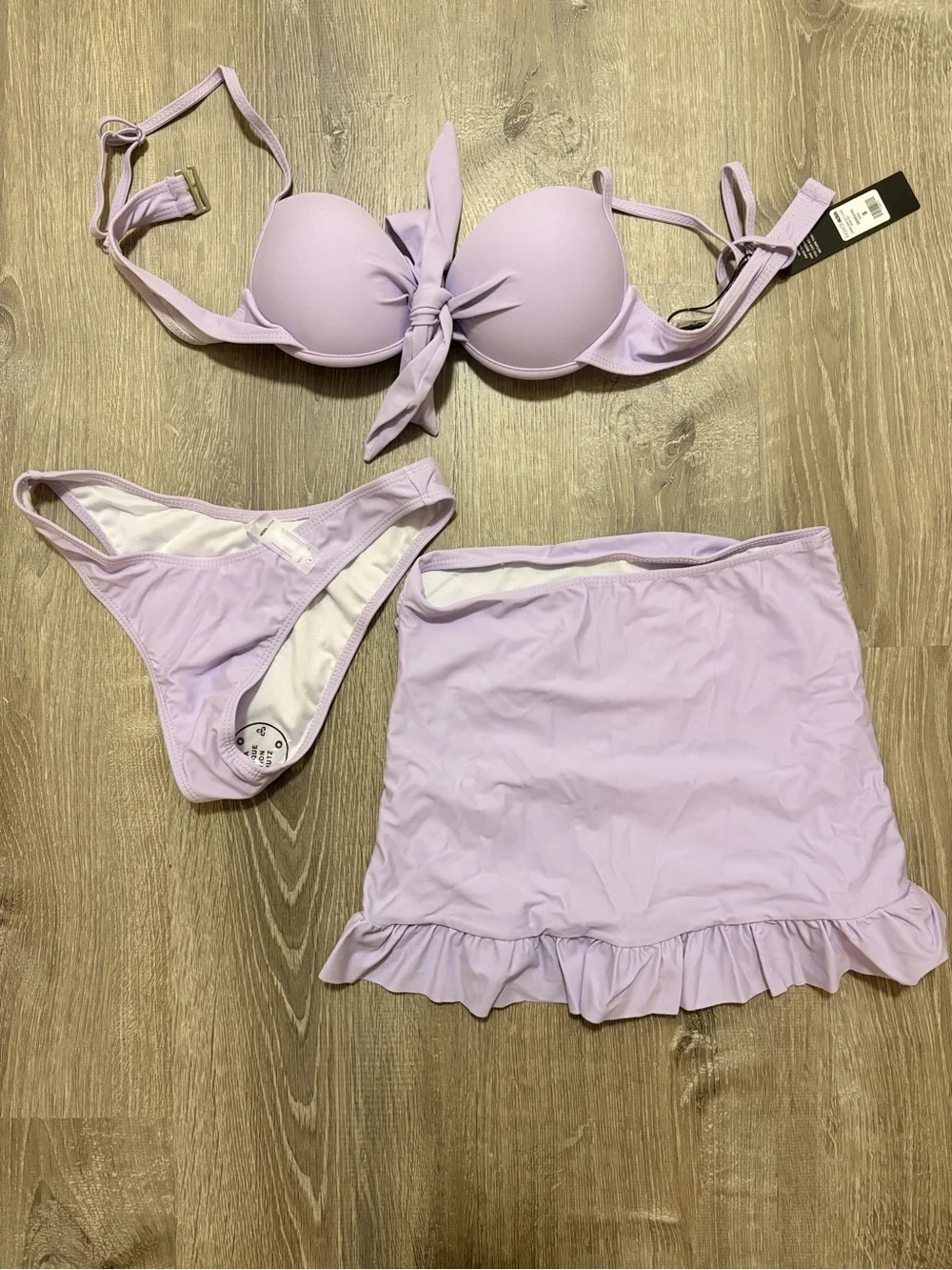 Fashion Nova Lavender Three-Piece Swim Set with Ruffle Skirt
